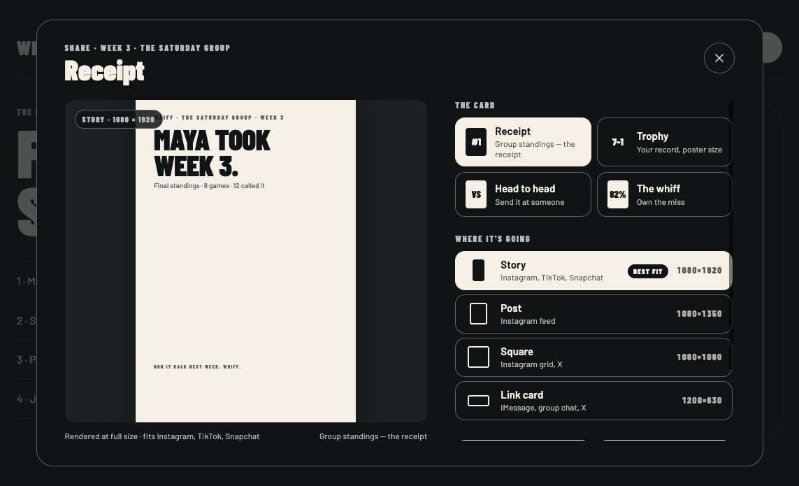 Whiff share-sheet design reference showing receipt-card and social format selection